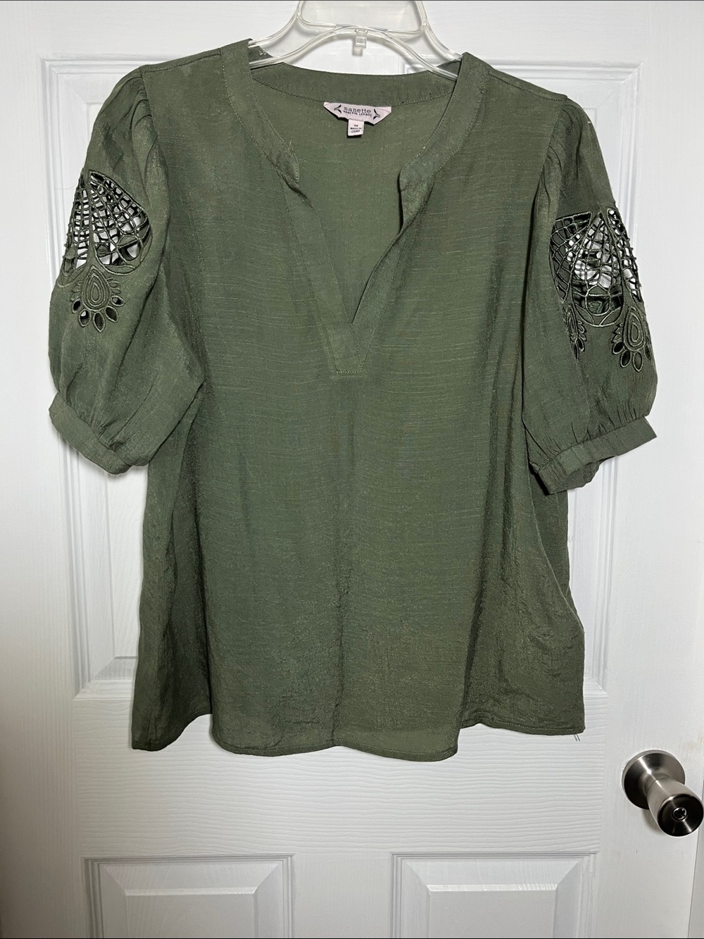 Nanette Lepore Olive Green Embroidered Cut Out Puff Sleeve Blouse